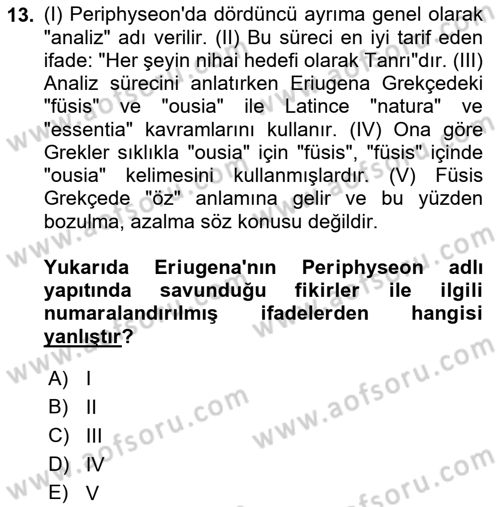 Ortaçağ Felsefesi 1 Dersi 2022 - 2023 Yılı (Vize) Ara Sınav Soruları 13. Soru