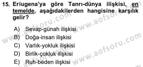Ortaçağ Felsefesi 1 Dersi 2022 - 2023 Yılı (Vize) Ara Sınav Soruları 15. Soru