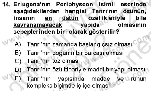 Ortaçağ Felsefesi 1 Dersi 2022 - 2023 Yılı (Final) Dönem Sonu Sınav Soruları 14. Soru