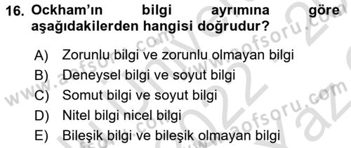 Ortaçağ Felsefesi 1 Dersi 2022 - 2023 Yılı Yaz Okulu Sınav Soruları 16. Soru