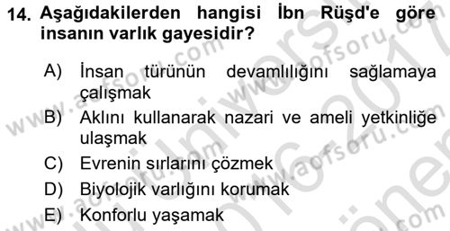 Ortaçağ Felsefesi 2 Dersi 2016 - 2017 Yılı (Final) Dönem Sonu Sınav Soruları 14. Soru