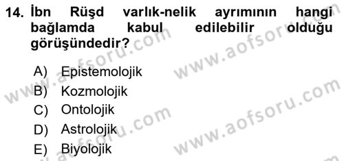 Ortaçağ Felsefesi 2 Dersi 2023 - 2024 Yılı (Final) Dönem Sonu Sınav Soruları 14. Soru