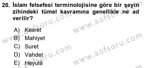 Ortaçağ Felsefesi 2 Dersi 2024 - 2025 Yılı Yaz Okulu Sınav Soruları 20. Soru
