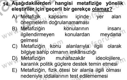 Felsefe Dersi Ara Sınavı Deneme Sınav Soruları 14. Soru