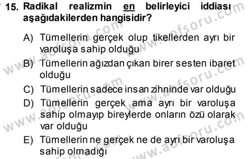 Felsefe Dersi 2013 - 2014 Yılı (Vize) Ara Sınav Soruları 15. Soru