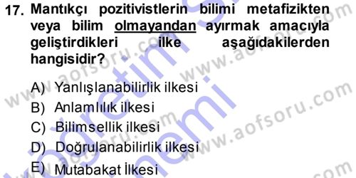 Felsefe Dersi Ara Sınavı Deneme Sınav Soruları 17. Soru