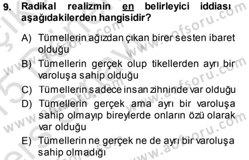 Felsefe Dersi 2014 - 2015 Yılı Tek Ders Sınav Soruları 9. Soru