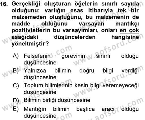 Felsefe Dersi Ara Sınavı Deneme Sınav Soruları 16. Soru