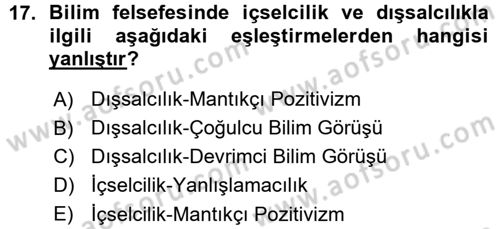 Felsefe Dersi Ara Sınavı Deneme Sınav Soruları 17. Soru