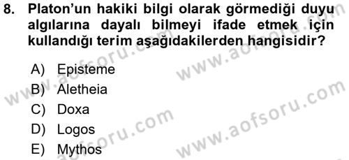 Felsefe Dersi Ara Sınavı Deneme Sınav Soruları 8. Soru