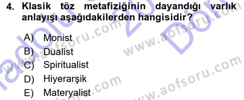 Felsefe Dersi 2015 - 2016 Yılı (Final) Dönem Sonu Sınav Soruları 4. Soru