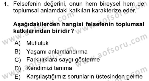 Felsefe Dersi 2016 - 2017 Yılı (Final) Dönem Sonu Sınav Soruları 1. Soru