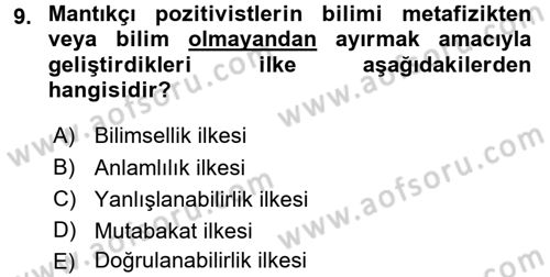 Felsefe Dersi 2017 - 2018 Yılı 3 Ders Sınav Soruları 9. Soru
