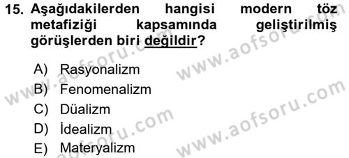 Felsefe Dersi Ara Sınavı Deneme Sınav Soruları 15. Soru