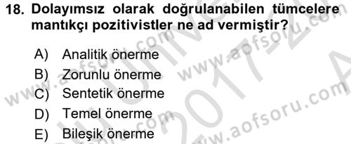 Felsefe Dersi Ara Sınavı Deneme Sınav Soruları 18. Soru