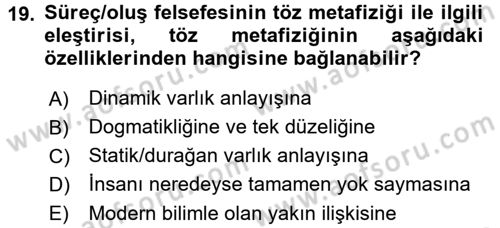 Felsefe Dersi 2017 - 2018 Yılı (Vize) Ara Sınav Soruları 19. Soru
