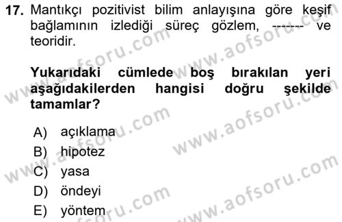 Felsefe Dersi Ara Sınavı Deneme Sınav Soruları 17. Soru