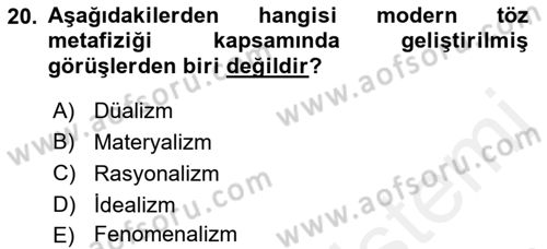 Felsefe Dersi Ara Sınavı Deneme Sınav Soruları 20. Soru