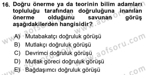 Felsefe Dersi Ara Sınavı Deneme Sınav Soruları 16. Soru