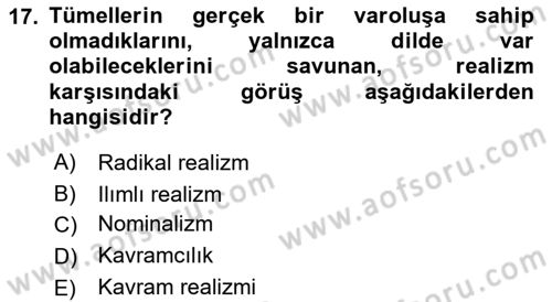 Felsefe Dersi 2019 - 2020 Yılı (Vize) Ara Sınav Soruları 17. Soru