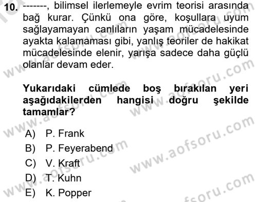 Felsefe Dersi 2020 - 2021 Yılı Yaz Okulu Sınav Soruları 10. Soru