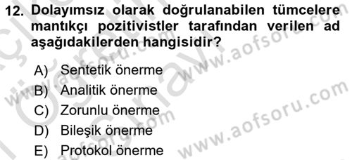 Felsefe Dersi 2020 - 2021 Yılı Yaz Okulu Sınav Soruları 12. Soru