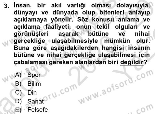 Felsefe Dersi 2020 - 2021 Yılı Yaz Okulu Sınav Soruları 3. Soru