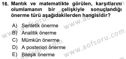 Felsefe Dersi Ara Sınavı Deneme Sınav Soruları 16. Soru