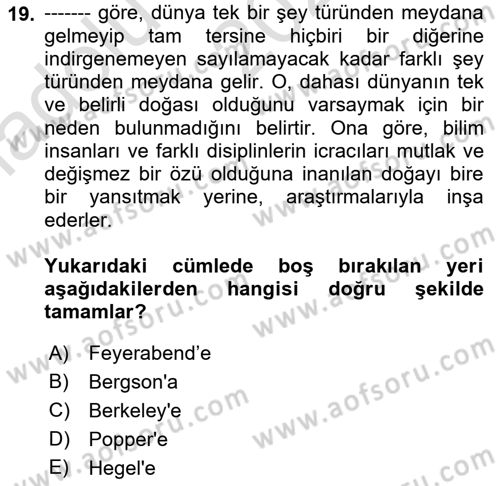Felsefe Dersi Ara Sınavı Deneme Sınav Soruları 19. Soru