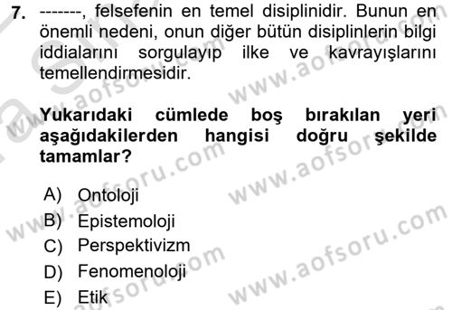 Felsefe Dersi 2021 - 2022 Yılı (Vize) Ara Sınav Soruları 7. Soru