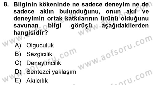 Felsefe Dersi Ara Sınavı Deneme Sınav Soruları 8. Soru