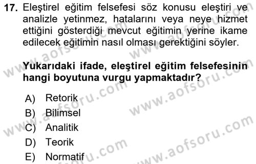 Felsefe Dersi 2021 - 2022 Yılı (Final) Dönem Sonu Sınav Soruları 17. Soru