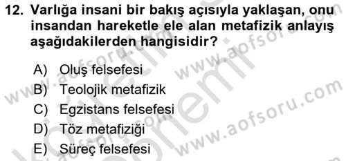 Felsefe Dersi 2022 - 2023 Yılı (Vize) Ara Sınav Soruları 12. Soru