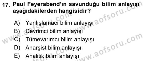 Felsefe Dersi Ara Sınavı Deneme Sınav Soruları 17. Soru