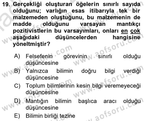 Felsefe Dersi 2022 - 2023 Yılı (Vize) Ara Sınav Soruları 19. Soru