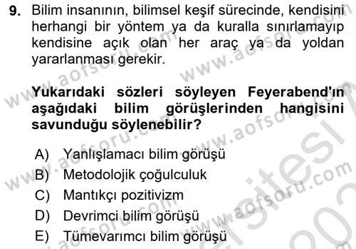Felsefe Dersi 2022 - 2023 Yılı Yaz Okulu Sınav Soruları 9. Soru