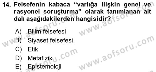 Felsefe Dersi Ara Sınavı Deneme Sınav Soruları 14. Soru