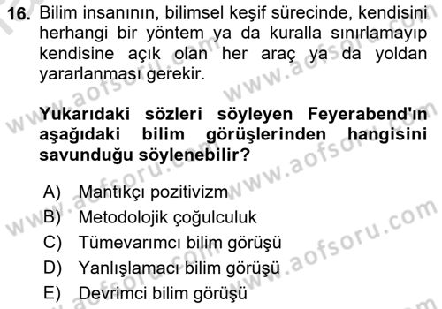 Felsefe Dersi 2023 - 2024 Yılı (Vize) Ara Sınav Soruları 16. Soru