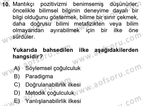 Felsefe Dersi 2023 - 2024 Yılı Yaz Okulu Sınav Soruları 10. Soru