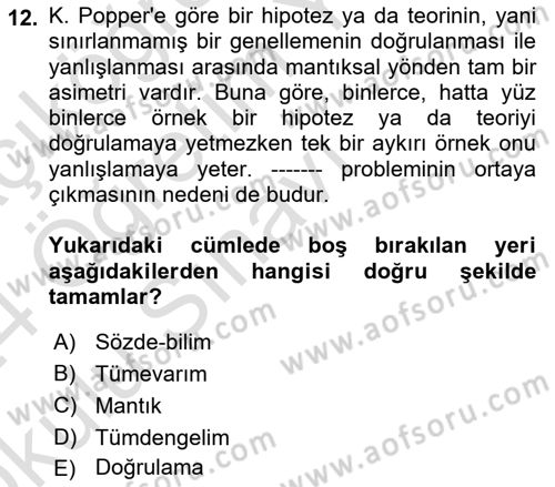 Felsefe Dersi 2023 - 2024 Yılı Yaz Okulu Sınav Soruları 12. Soru