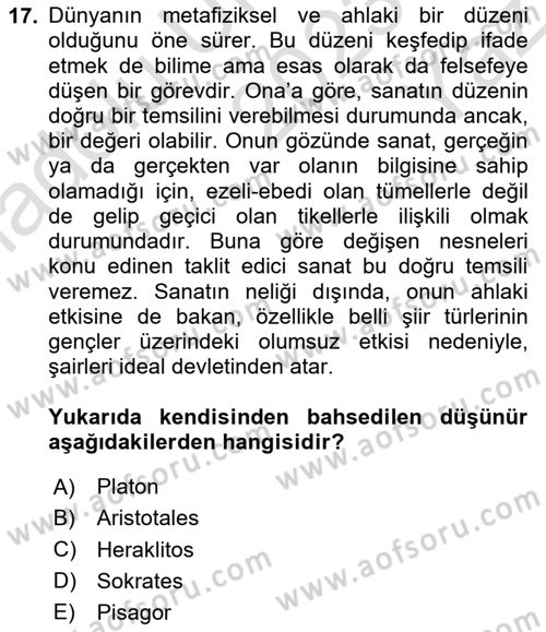 Felsefe Dersi 2023 - 2024 Yılı Yaz Okulu Sınav Soruları 17. Soru