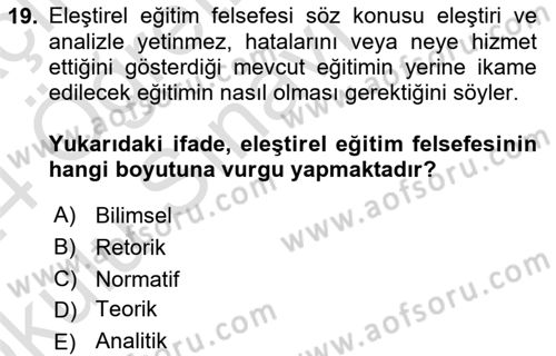 Felsefe Dersi 2023 - 2024 Yılı Yaz Okulu Sınav Soruları 19. Soru