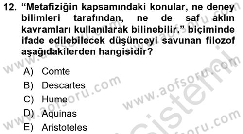 Felsefe Dersi Ara Sınavı Deneme Sınav Soruları 12. Soru