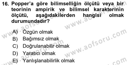 Felsefe Dersi Ara Sınavı Deneme Sınav Soruları 16. Soru