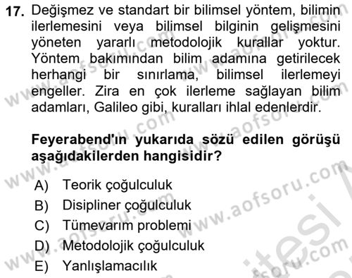 Felsefe Dersi Ara Sınavı Deneme Sınav Soruları 17. Soru
