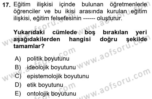 Felsefe Dersi 2024 - 2025 Yılı (Final) Dönem Sonu Sınav Soruları 17. Soru