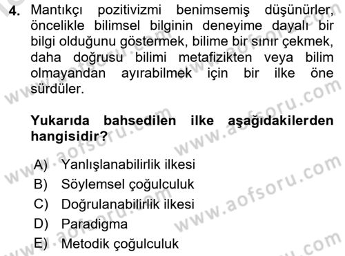 Felsefe Dersi 2024 - 2025 Yılı (Final) Dönem Sonu Sınav Soruları 4. Soru
