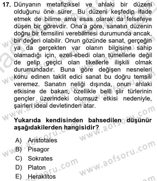 Felsefe Dersi 2024 - 2025 Yılı Yaz Okulu Sınav Soruları 17. Soru