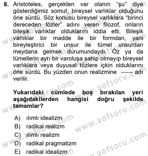 Felsefe Dersi 2024 - 2025 Yılı Yaz Okulu Sınav Soruları 8. Soru