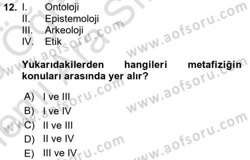 Felsefe Dersi 2025 - 2026 Yılı (Vize) Ara Sınav Soruları 12. Soru